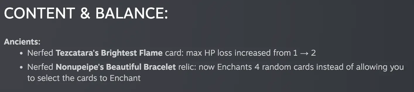 Ancient balance changes in Slay the Spire 2 Beta v0.111.0 showing Brightest Flame and Beautiful Bracelet nerfs