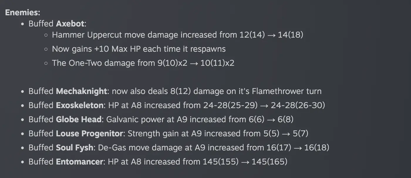 Enemy balance changes in Slay the Spire 2 Beta v0.111.0 including Axebot, Mecha Knight, Exoskeleton, Globe Head, Louse Progenitor, Soul Fysh, and Entomancer