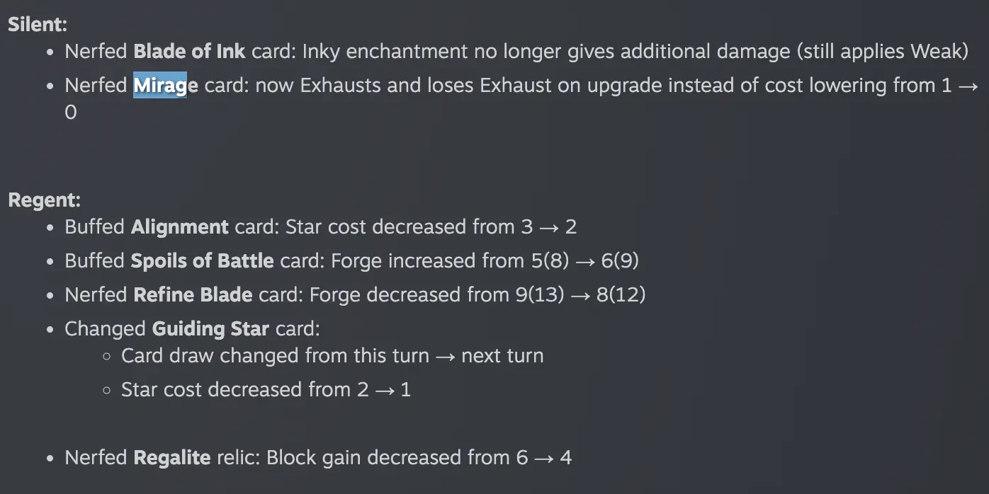 Mirage nerf in Slay the Spire 2 Beta v0.111.0 showing Exhaust returning to the base card
